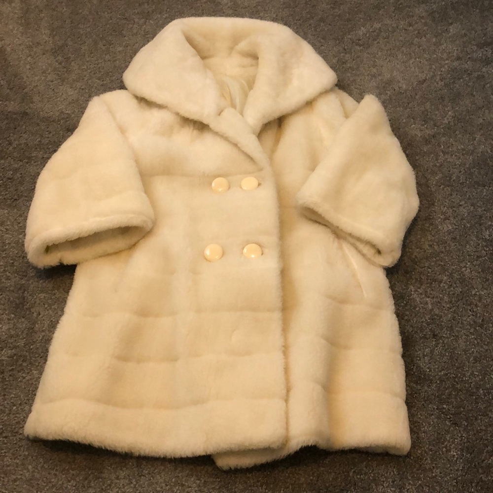 White Vintage Double-Breasted Faux Fur Pea Coat-Women